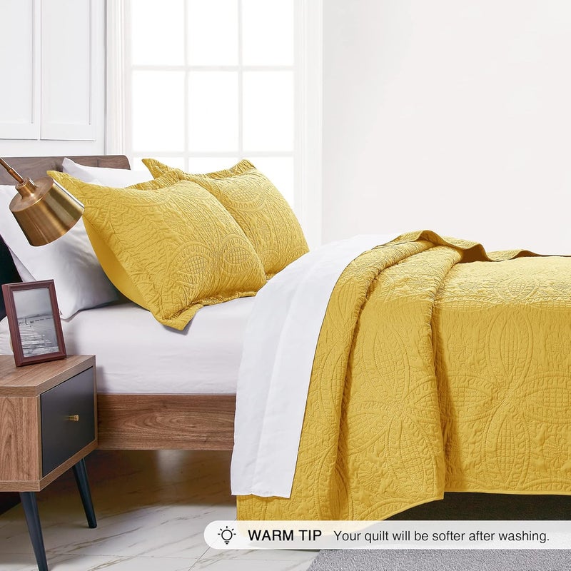 King Size Quilt Set Yellow Bedspreads - Soft Bed Summer Quilt Lightweight Microfiber Bedspread- Modern Style Coin Pattern Coverlet for All Season - 3 Piece (1 Quilt, 2 Pillow Shams) - Image 4