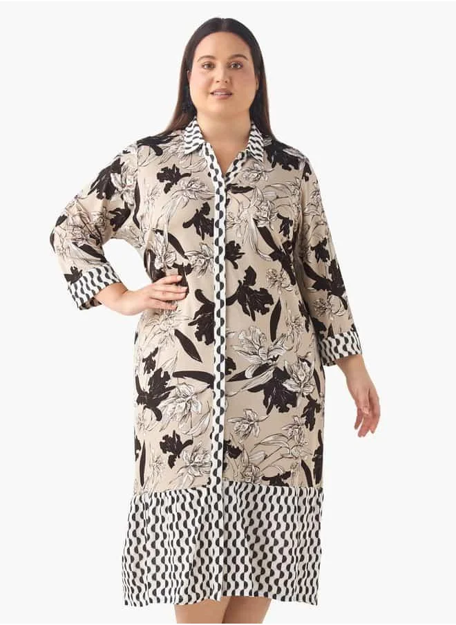 Ulla Popken Plus Size Ulla Popken Floral Print Shirt Dress with Collar and Long Sleeves