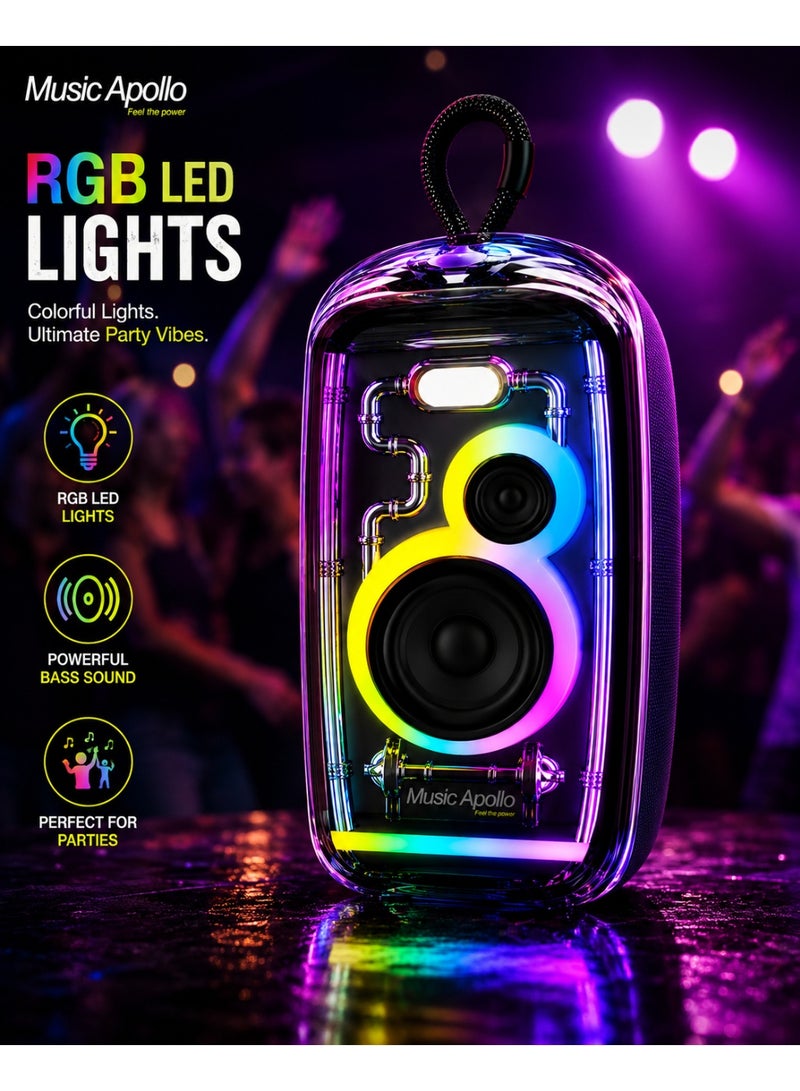 Music Apollo A13 Portable Bluetooth Speaker with RGB LED Lights, IPX5 Waterproof Wireless Party Bass Speaker, 20W Powerful Stereo Sound, 3000mAh Battery, 10m Wireless Range, Portable Outdoor Speaker - Image 3