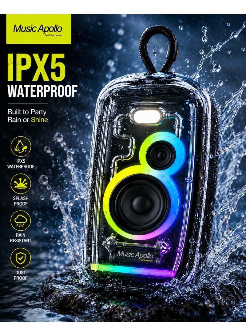 Music Apollo A13 Portable Bluetooth Speaker with RGB LED Lights, IPX5 Waterproof Wireless Party Bass Speaker, 20W Powerful Stereo Sound, 3000mAh Battery, 10m Wireless Range, Portable Outdoor Speaker - Image 5