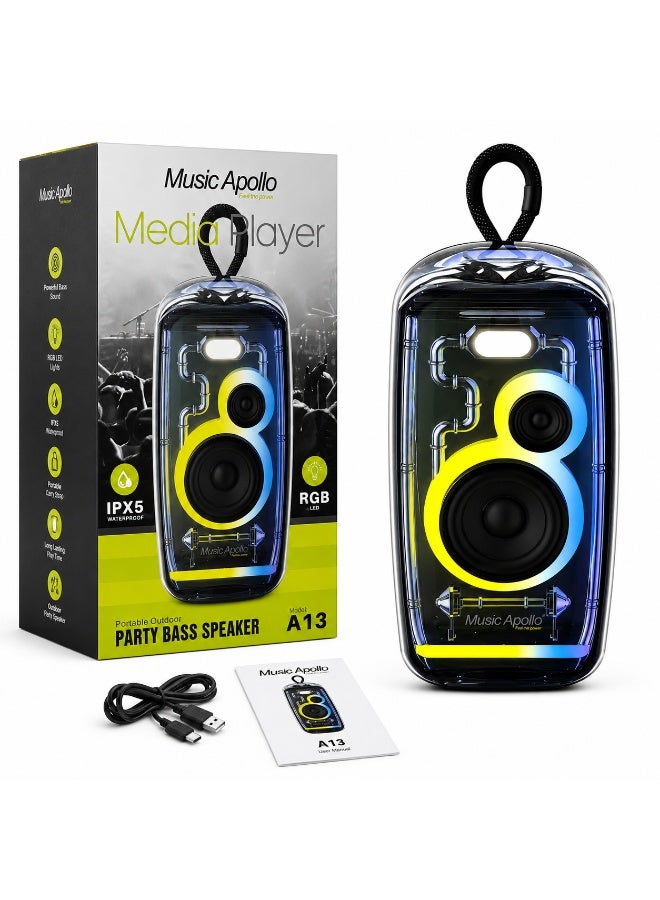 Music Apollo A13 Portable Bluetooth Speaker with RGB LED Lights, IPX5 Waterproof Wireless Party Bass Speaker, 20W Powerful Stereo Sound, 3000mAh Battery, 10m Wireless Range, Portable Outdoor Speaker - Image 1