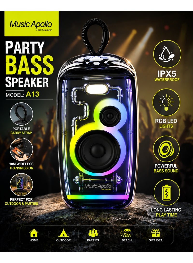 Music Apollo A13 Portable Bluetooth Speaker with RGB LED Lights, IPX5 Waterproof Wireless Party Bass Speaker, 20W Powerful Stereo Sound, 3000mAh Battery, 10m Wireless Range, Portable Outdoor Speaker - Image 2