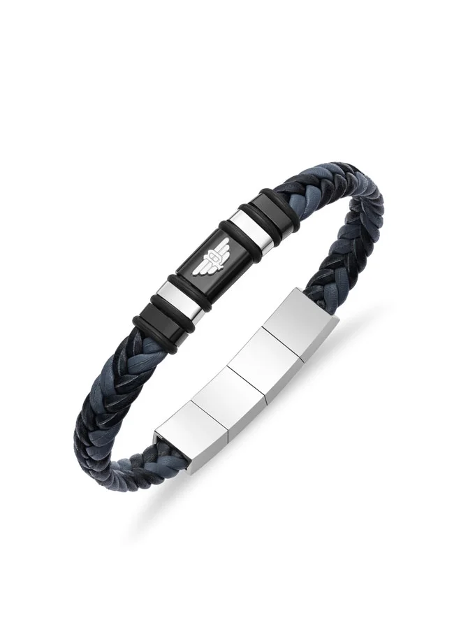 POLICE Weavebreaker BraceletDual-Color Braided Leather with Black Wing Logo Plaque and P Logo ClosureBold Men's Style