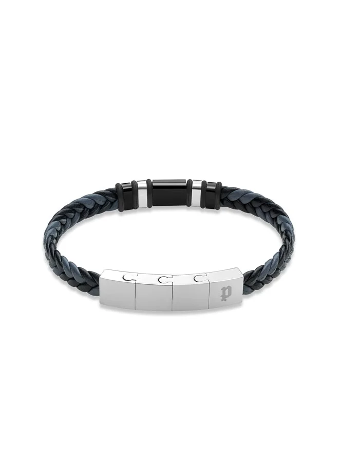 POLICE Weavebreaker BraceletDual-Color Braided Leather with Black Wing Logo Plaque and P Logo ClosureBold Men's Style