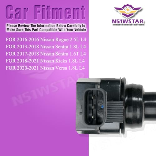 N51WSTAR Ignition Coils Pack Set of 4 Compatible with Nissan Rogue Sentra Kicks Versa 1.6T 1.8 2.5 L4 Replacement for 22448-1KT0A 22448-5RL0A 22433-9807R UF708 UF860 - Image 5