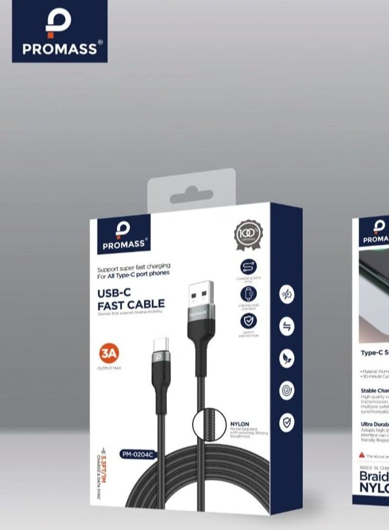 بروماس كابل شحن قماش من النوع C بطول 1 متر يدعم الشحن السريع 3A - Image 1
