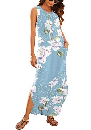 Hount Petite Maxi Dress for Women Casual Summer Boho Floral Swing Dress with Pockets Flower Light Blue S - Image 2