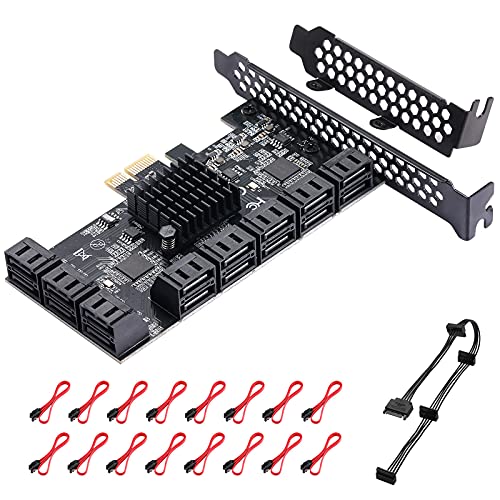 MZHOU PCle 16-Port SATA III Controller Expansion Card, 6Gbps X1/X4/X8/X16, Supports 16 SATA Devices with Cables and Low Profile Bracket (ASM1064 Chip) - Image 1