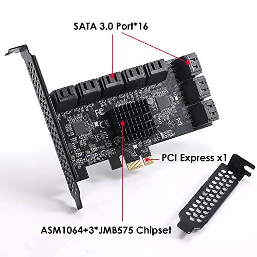 MZHOU PCle 16-Port SATA III Controller Expansion Card, 6Gbps X1/X4/X8/X16, Supports 16 SATA Devices with Cables and Low Profile Bracket (ASM1064 Chip) - Image 2