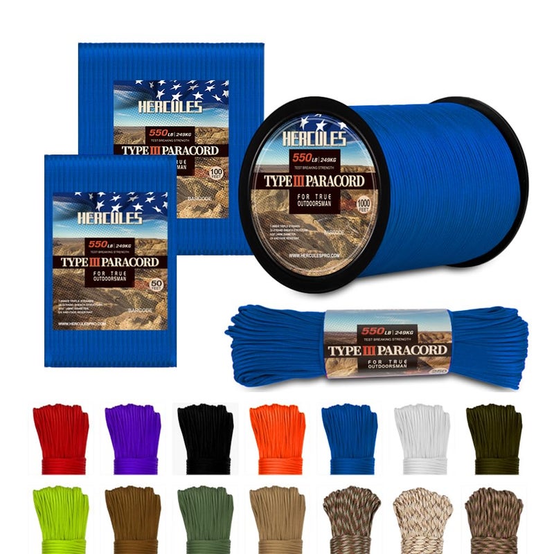 HERCULES Type III Paracord 550 Paracord Rope Parachute Cord, 50' Royal Blue for Survival Rope, Survival Cord - Image 1