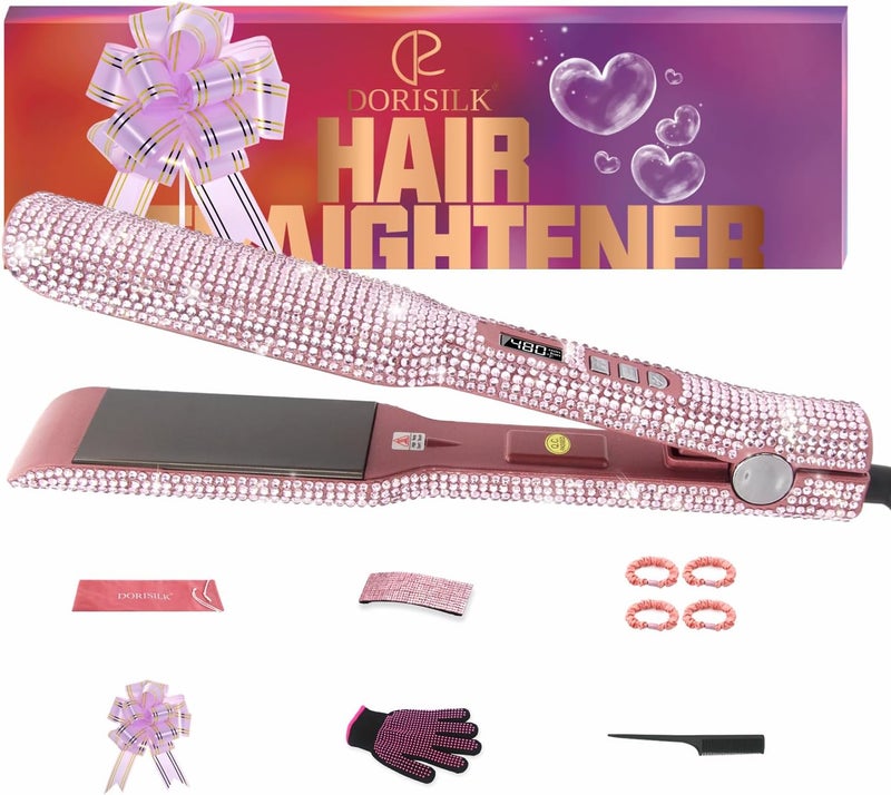 DORISILK 480 Degrees High Temp Hair Straightener Titanium Flat Iron Rhinestone Straightening Iron 2 in 1 Straightening Curling Salon Professional Dual Voltage Bling Glitter 2 Inch Soft Pink