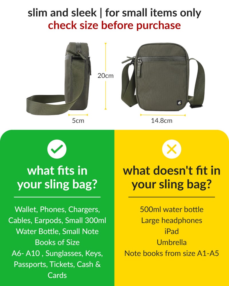 Destinio Small Crossbody Sling Bag for Men and Women - Waterproof Pocket and Zippers, Anti Theft Locking - Stylish Mini Side Bag for Man for Mobile, Passport (Olive Green, Small) - Image 3