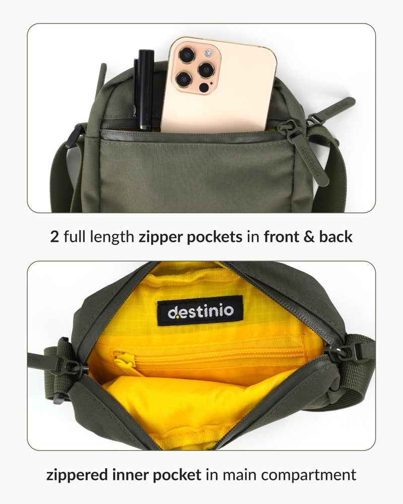 Destinio Small Crossbody Sling Bag for Men and Women - Waterproof Pocket and Zippers, Anti Theft Locking - Stylish Mini Side Bag for Man for Mobile, Passport (Olive Green, Small) - Image 2