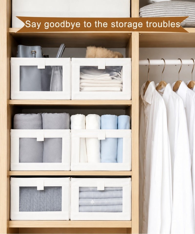 O2. Pack of 4 Foldable Cotton Fabric Closet Organizers with Transparent Viewing Windows, Reinforced Stackable Clothing Storage Boxes with Handles for Clothes, Sweaters, Pants, Toys, Books and Home Accessories - Image 5