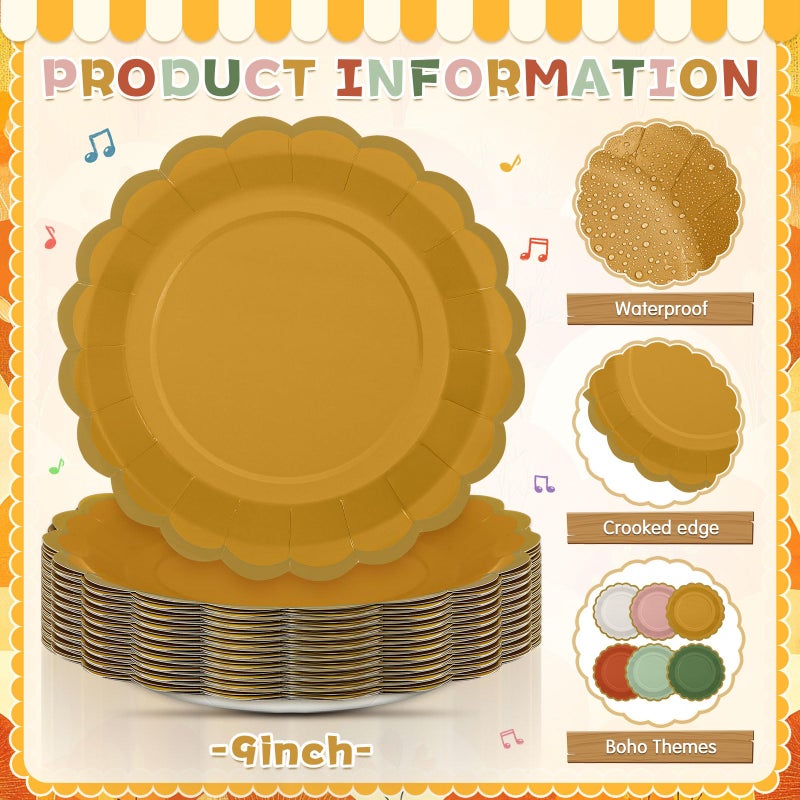 Tiangrid 96 Pcs Boho Paper Plates 9 Inch Gradient Scalloped Paper Disposable Dinner Dessert Plates for Birthday Wedding Bridal Party Supplies  6 Colors - Image 2