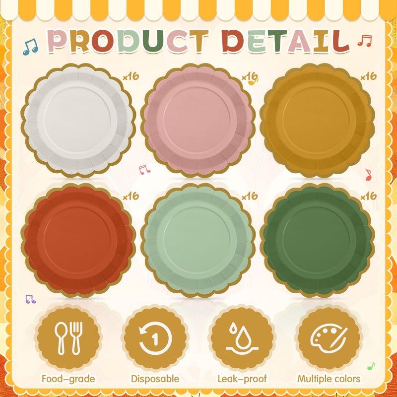 Tiangrid 96 Pcs Boho Paper Plates 9 Inch Gradient Scalloped Paper Disposable Dinner Dessert Plates for Birthday Wedding Bridal Party Supplies  6 Colors - Image 3