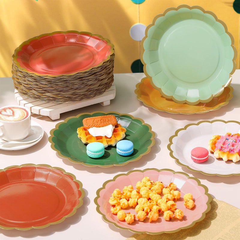 Tiangrid 96 Pcs Boho Paper Plates 9 Inch Gradient Scalloped Paper Disposable Dinner Dessert Plates for Birthday Wedding Bridal Party Supplies  6 Colors - Image 1