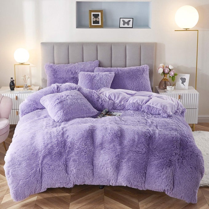 FAUX FUR VELVET FLUFFY BEDDING DUVET COVER SET DOWN COMFORTER QUILT COVER WITH PILLOW SHAMS ULTRA SOFT WARM LILAC QUEEN