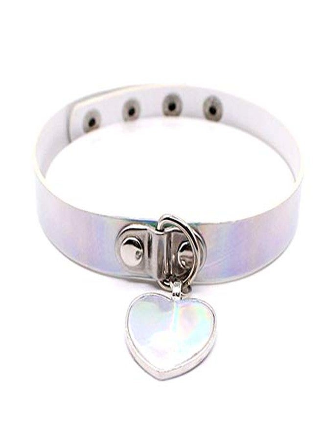 MUZHE Heart leather Pendant Holographic Laser Choker Necklace Rainbow Punk Collar Rivet Buckle Women Jewelry (Silver) - Image 5