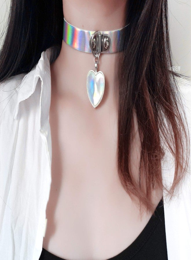 MUZHE Heart leather Pendant Holographic Laser Choker Necklace Rainbow Punk Collar Rivet Buckle Women Jewelry (Silver) - Image 2