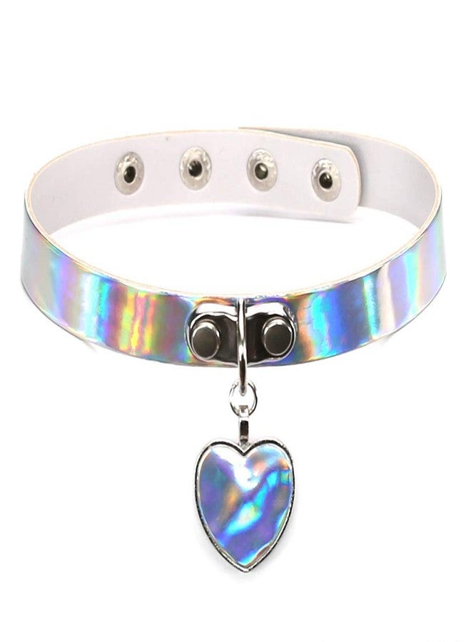 MUZHE Heart leather Pendant Holographic Laser Choker Necklace Rainbow Punk Collar Rivet Buckle Women Jewelry (Silver) - Image 1