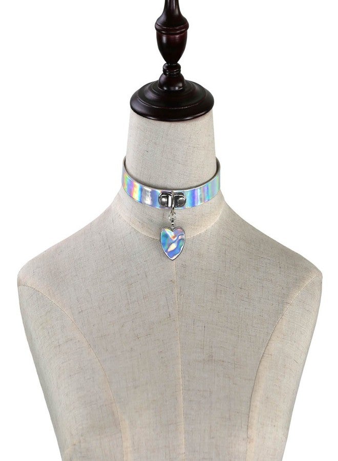 MUZHE Heart leather Pendant Holographic Laser Choker Necklace Rainbow Punk Collar Rivet Buckle Women Jewelry (Silver) - Image 4