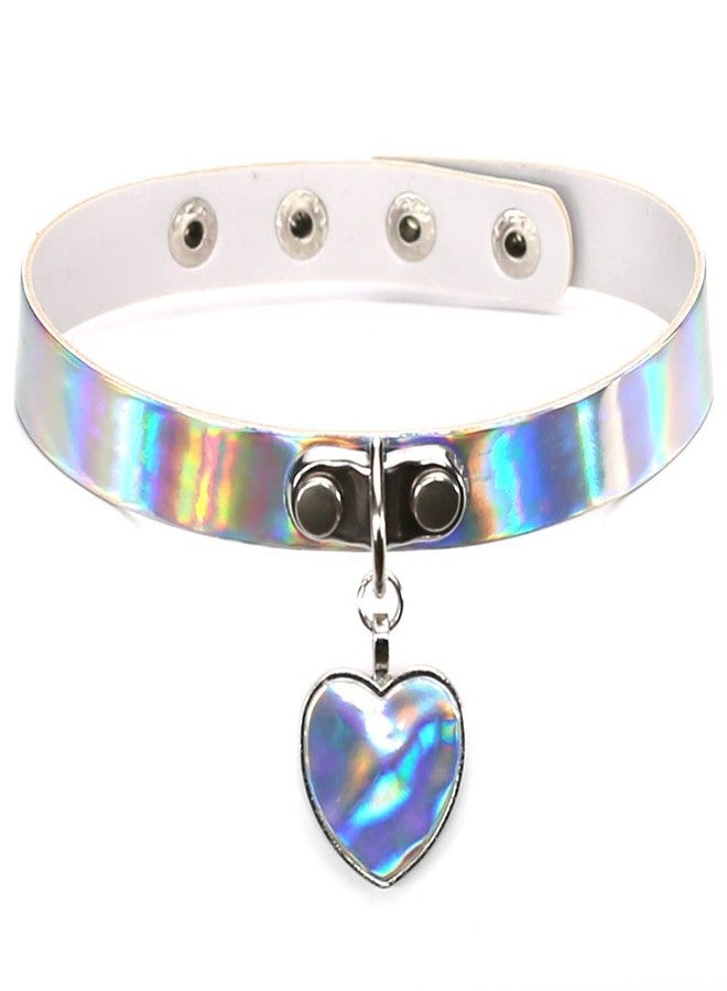 MUZHE Heart leather Pendant Holographic Laser Choker Necklace Rainbow Punk Collar Rivet Buckle Women Jewelry (Silver) - Image 3