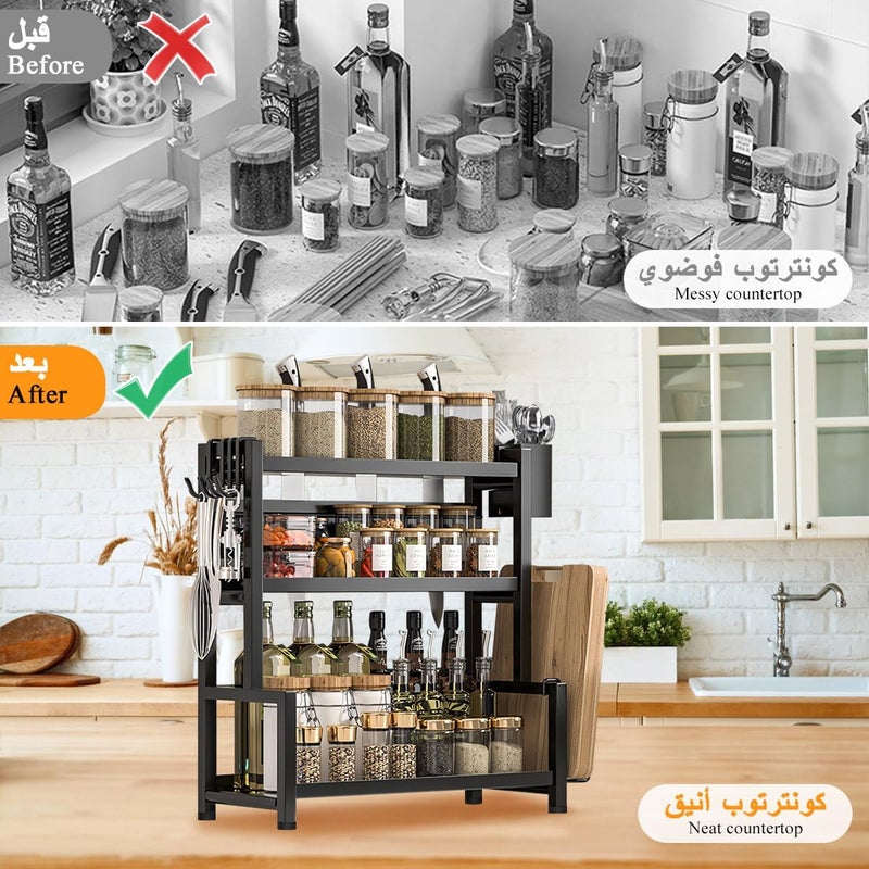 جلوكلوز منظم مطبخ مكون من 3 طبقات، رف معدني كبير للتخزين فوق العداد مزود بخطافات، صينية لحفظ الجرارات والأدوات الطبخية، رف مقاوم للانزلاق في زاوية العداد للاستخدام في المطبخ المنزلي. - Image 5
