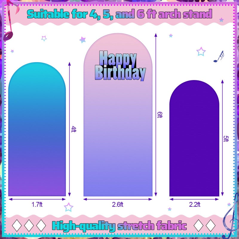 Chunful 3 Pcs Birthday Arch Backdrop Cover Kpop Theme Photo Background Decor 2-Sided Round Top Gradient Backdrop Arch Cover for Kpop Theme Singer Birthday Party Decor 6 ft/5 ft/4 ft (Blue-Purple) - Image 4