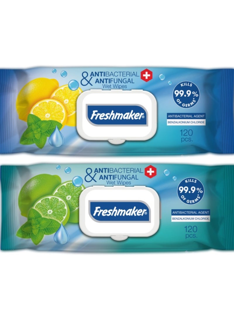 Freshmaker مناديل مبللة مضادة للبكتيريا والفطريات بغطاء علوي , 120 منديل من 2 قطع 