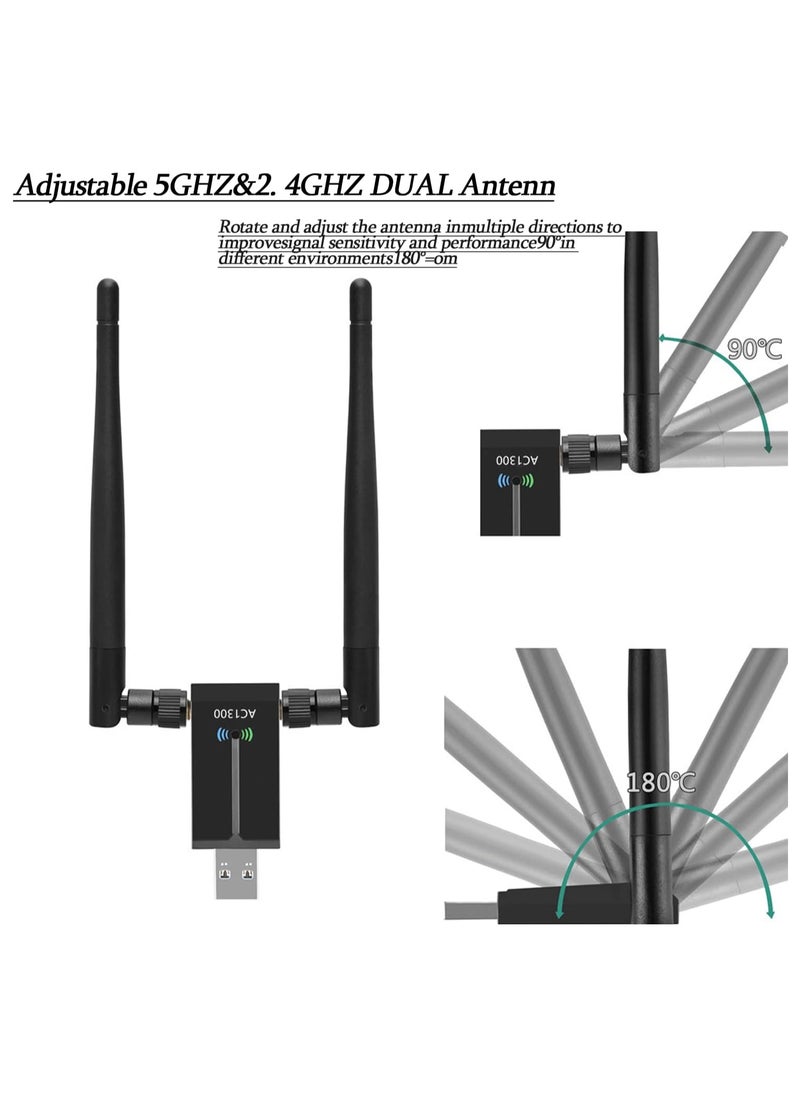 Wireless USB WiFi Adapter, 1300Mbps Dual-Band WiFi Dongle 2.4G/5G、 Wireless Network Adapter With USB 3.0 Base、 High Gain Antenna And Extension Cable, Suitable For Windows 11/10/8/7 And Mac OS X