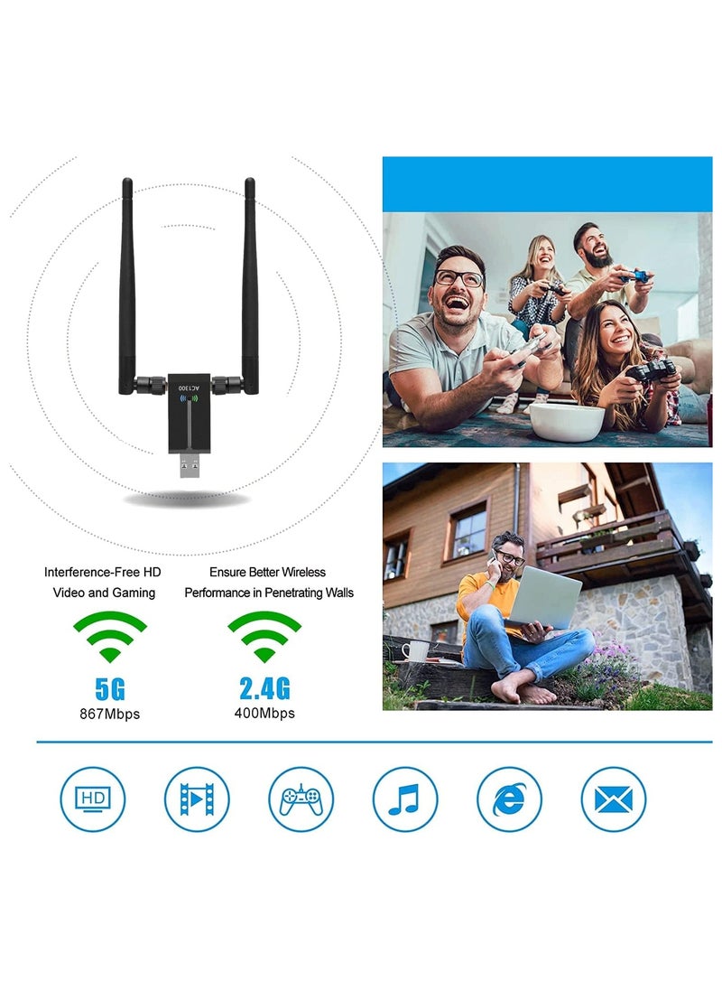 Wireless USB WiFi Adapter, 1300Mbps Dual-Band WiFi Dongle 2.4G/5G、 Wireless Network Adapter With USB 3.0 Base、 High Gain Antenna And Extension Cable, Suitable For Windows 11/10/8/7 And Mac OS X