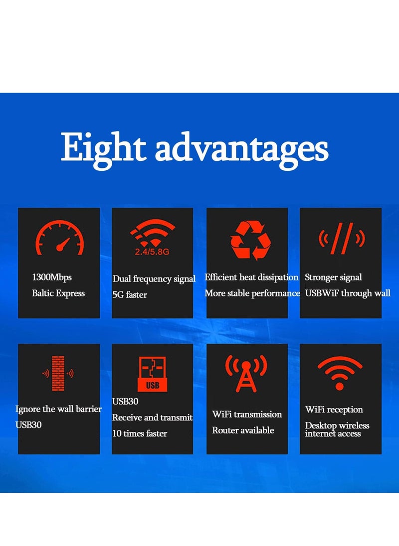 Wireless USB WiFi Adapter, 1300Mbps Dual-Band WiFi Dongle 2.4G/5G、 Wireless Network Adapter With USB 3.0 Base、 High Gain Antenna And Extension Cable, Suitable For Windows 11/10/8/7 And Mac OS X