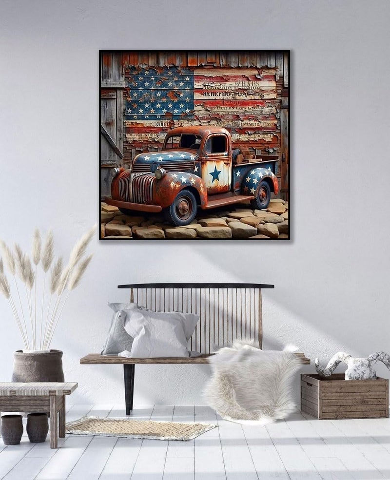 CHWGLFGG 5D Truck Diamond Art Kits for Adults Beginners,DIY Full Round Drill Diamond Painting Kits American Flag, Paint by Diamonds Dot Gem Art Crystal Easy,Home Wall Decor 13.7X 13.7Inch - Image 4