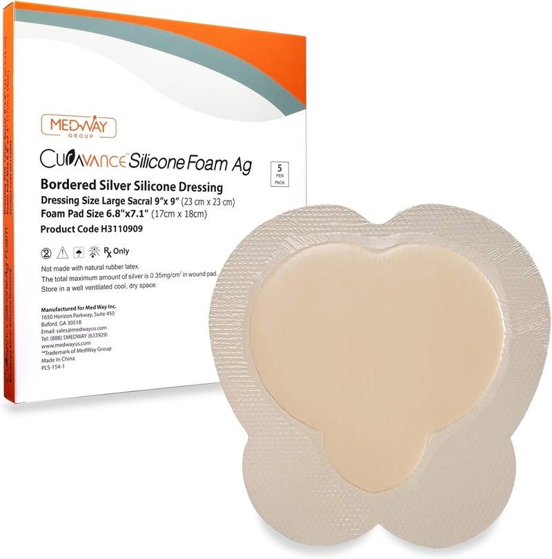 MedVance Bordered Silver Silicone Ag Sterile Highly Absorbent Antibacterial Dressing, Sacral, Sacrum, 7"x 7" (4.9" x 4.7" Pad) 5 dressings, 5 Count (Pack of 1)