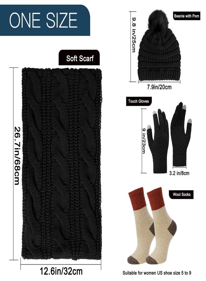 Double Couple 4pcs Winter Beanie Hat Scarf Touch Screen Gloves and Warm Knit Wool Socks Set for Women Knit Hat with Faux Fur Ball Scarves Glove - Image 2