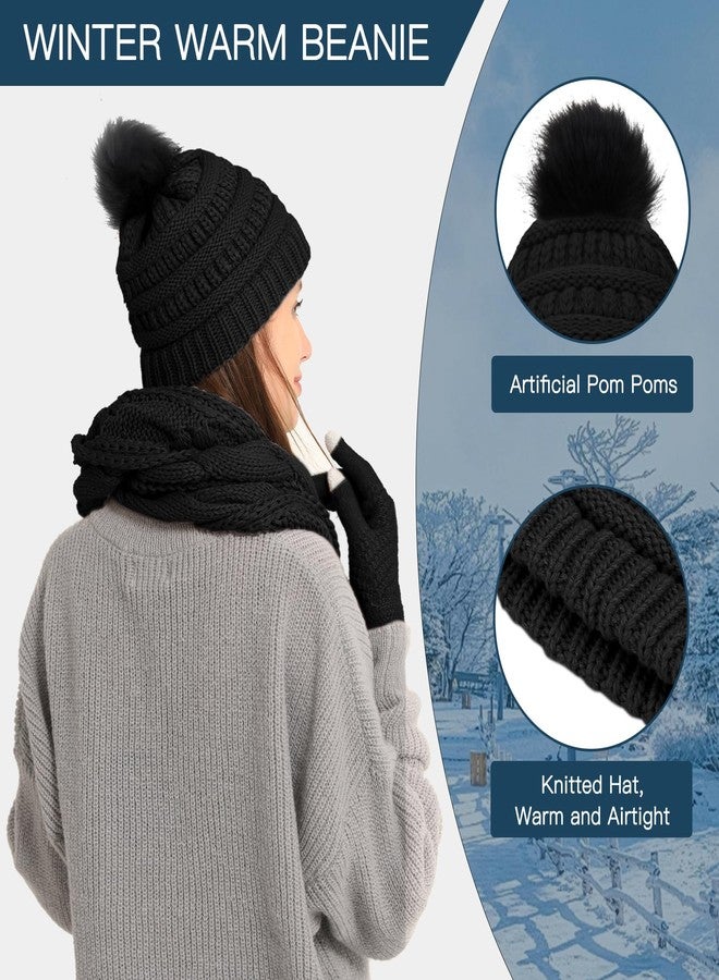 Double Couple 4pcs Winter Beanie Hat Scarf Touch Screen Gloves and Warm Knit Wool Socks Set for Women Knit Hat with Faux Fur Ball Scarves Glove - Image 3