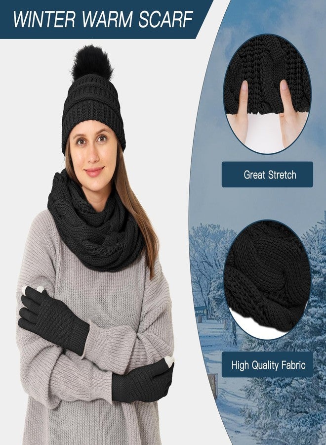 Double Couple 4pcs Winter Beanie Hat Scarf Touch Screen Gloves and Warm Knit Wool Socks Set for Women Knit Hat with Faux Fur Ball Scarves Glove - Image 4