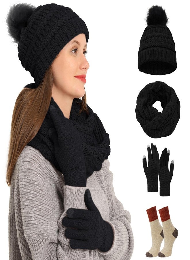 Double Couple 4pcs Winter Beanie Hat Scarf Touch Screen Gloves and Warm Knit Wool Socks Set for Women Knit Hat with Faux Fur Ball Scarves Glove - Image 1