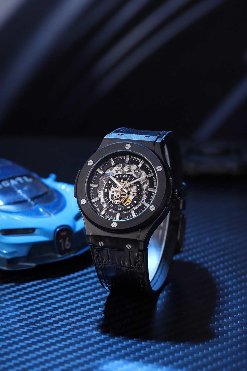 Daniel Hechter Paris Squelettique Collection Skeleton Dial Automatic Watch for Men - 24-Hour Subdial & Marker and Leather Strap - DHM1034-11 - Image 3
