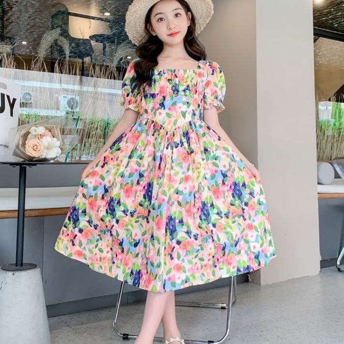 Girls dress New Arrival Western Style Girls Artistic Style Internet Celebrity Fashionable Sweet All-Match Casual Summer Dress with Floral Print Picture Color