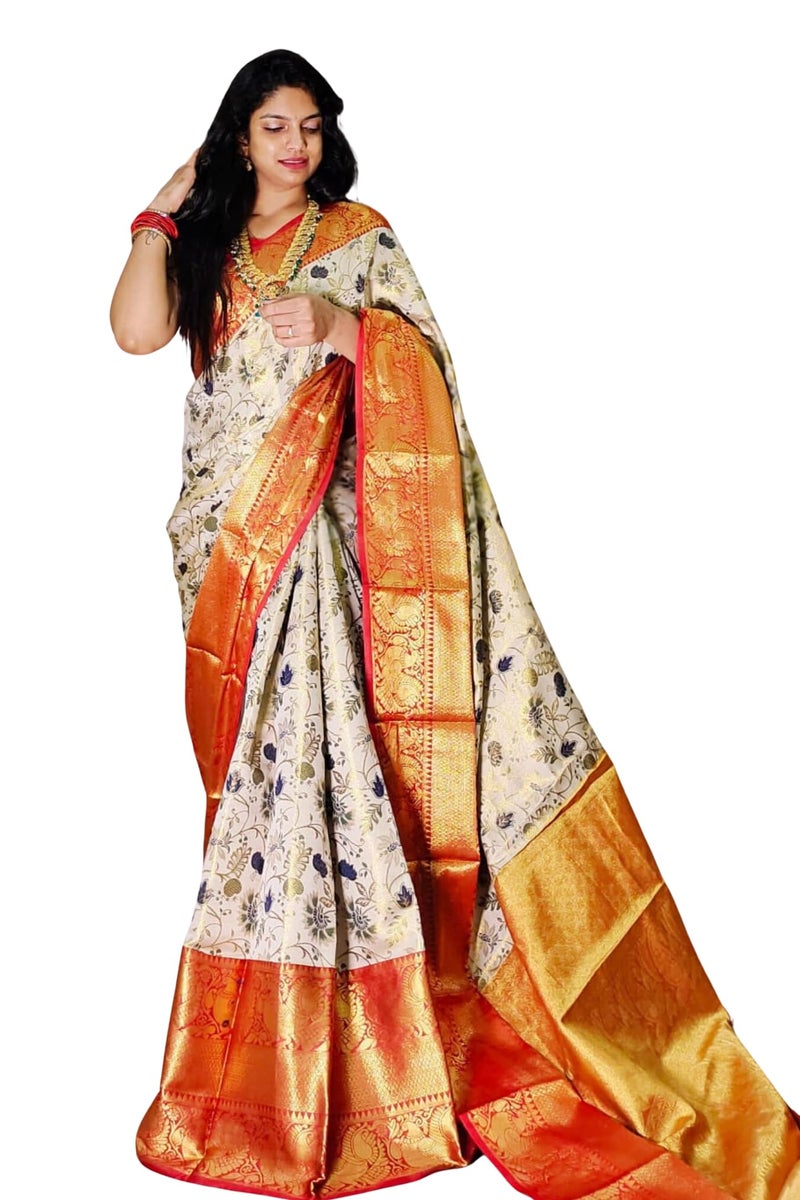 SGF11- Women's Kanjivaram Pure Soft Silk Handloom Saree Pure Golden Zari With Blouse Piece (White Red) - Image 4