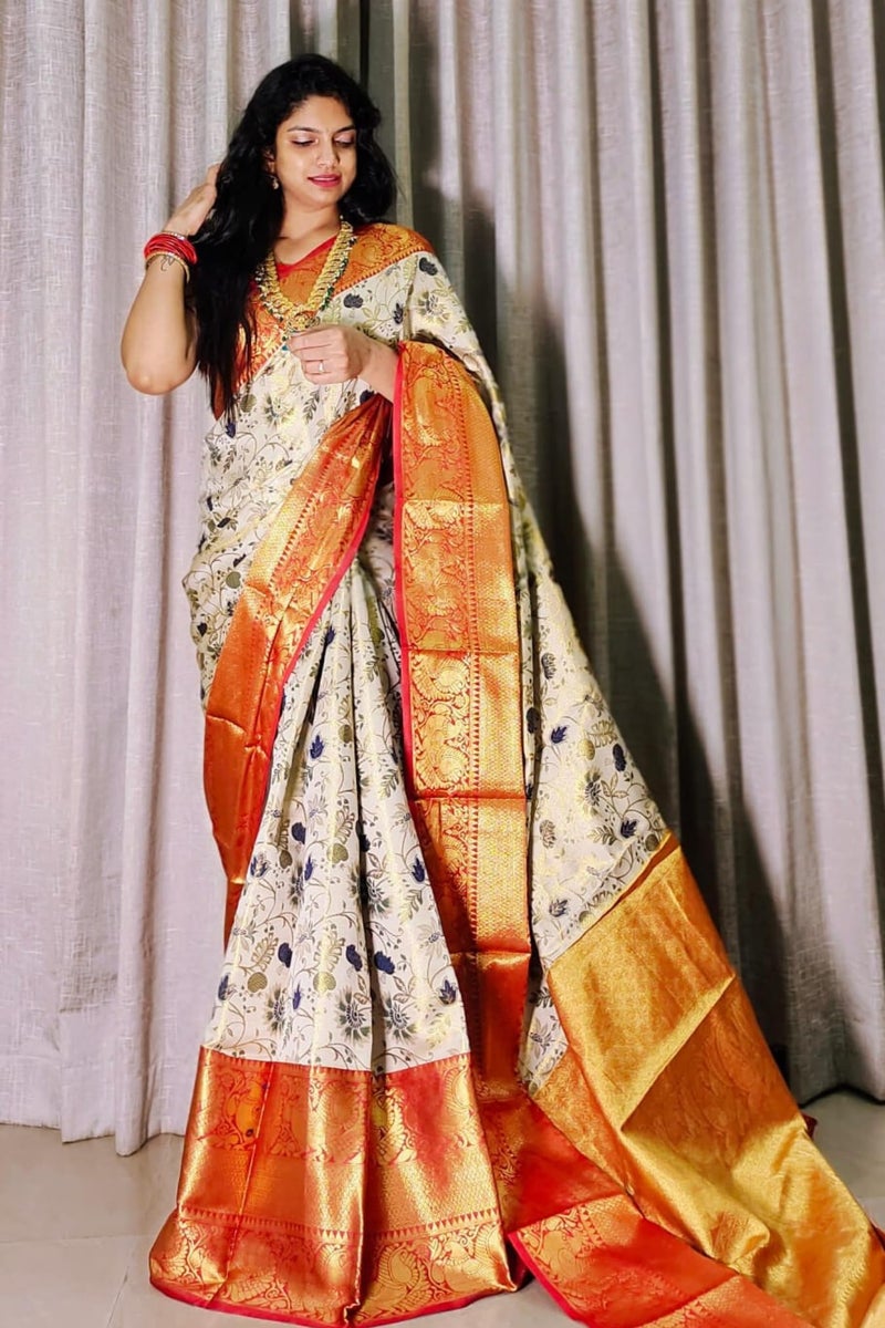 SGF11- Women's Kanjivaram Pure Soft Silk Handloom Saree Pure Golden Zari With Blouse Piece (White Red) - Image 2