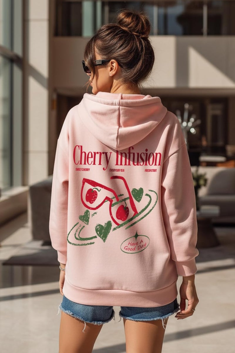 JUNEBERRY® Polycotton Spun Oversized Fit Drop Shoulder Hooded Sweatshirt Full Sleeves Back Graphic Printed Jumper Hoodie for Women (OS_JB_HD_CHRY_PP_M) Pale Pink - Image 2