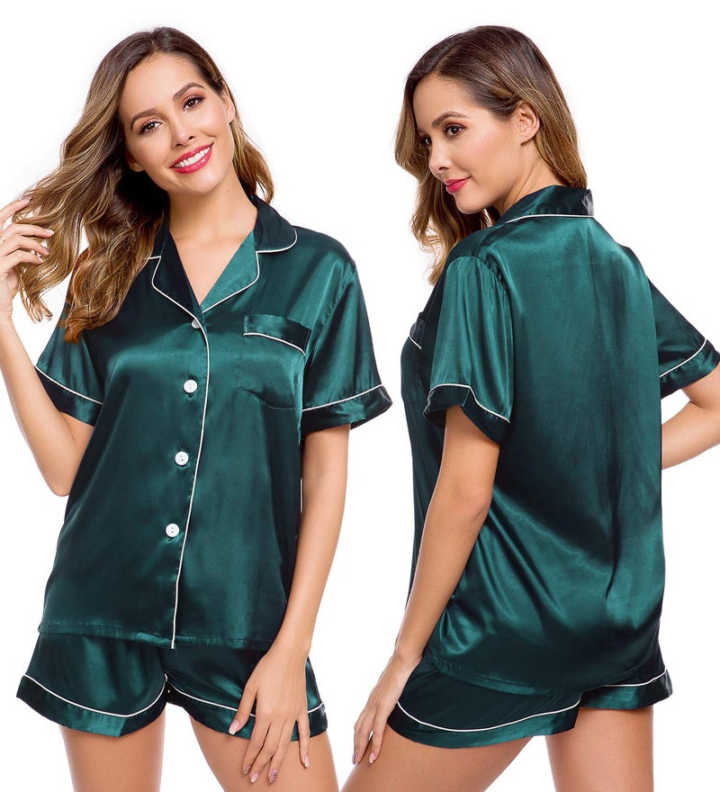 LecGee Womens Silk Satin Pajamas Short Sleeve Loungewear Two-Piece Sleepwear Button-Down Pj Set - Image 1