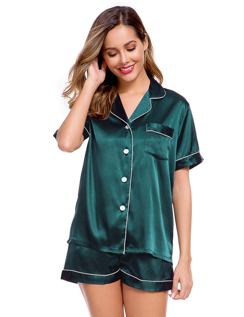 LecGee Womens Silk Satin Pajamas Short Sleeve Loungewear Two-Piece Sleepwear Button-Down Pj Set - Image 2