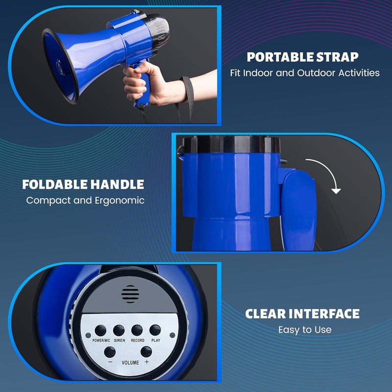 Loudmore 30 Watt Power Portable Megaphone Bullhorn Speaker Voice, Siren/Alarm and 240S Recording with Volume Control and Strap (Blue) - Image 3