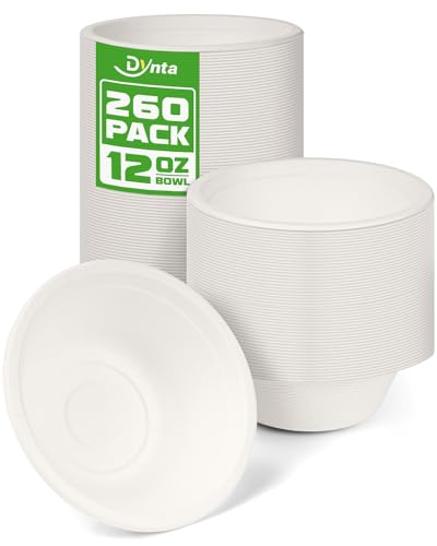 Paper Bowls 260 Packs 12 OZ Disposable Paper Bowls Heavy Duty EcoFriendly White Disposable Hot Soup Bowls Bulk Compostable Bamboo Bowls 350ml for Party Camping Birthday Festivals