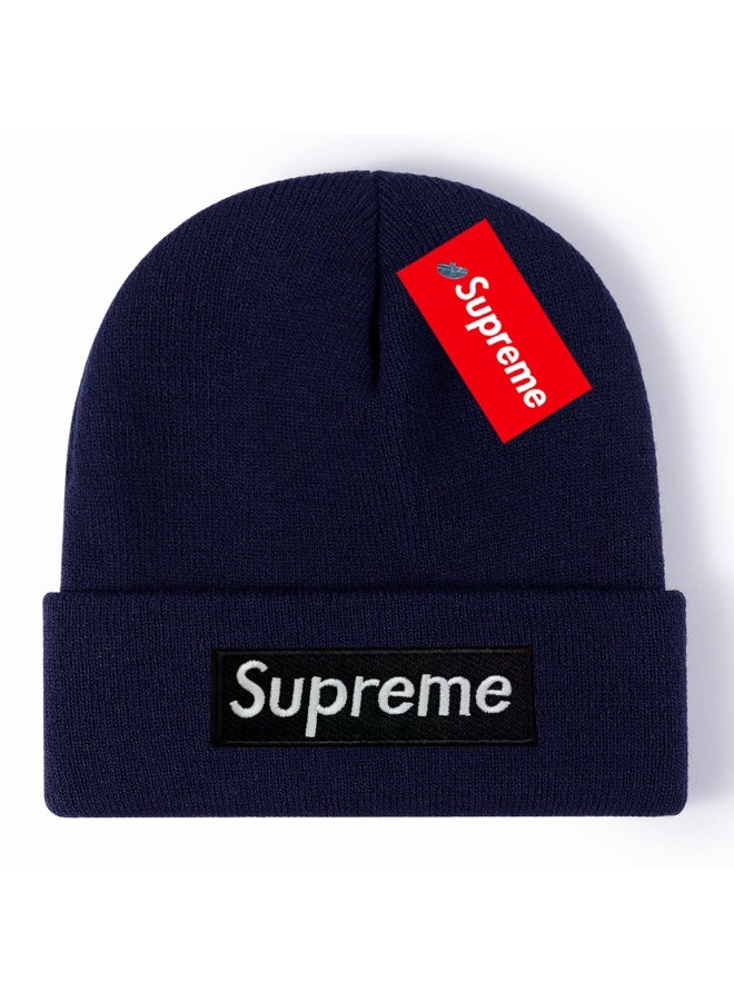 Supreme Navy Blue Knit Beanie with Box Logo Patch & Signature Red Hang Tag