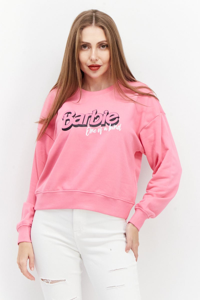 Barbie Women Crew Neck Long Sleeve Graphic Printed Sweatshirt, Pink - Image 1